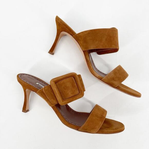 Manolo Blahnik Gable Camel Brown Suede Buckle Open Toe Stiletto Mules IT 39 - Picture 3 of 10